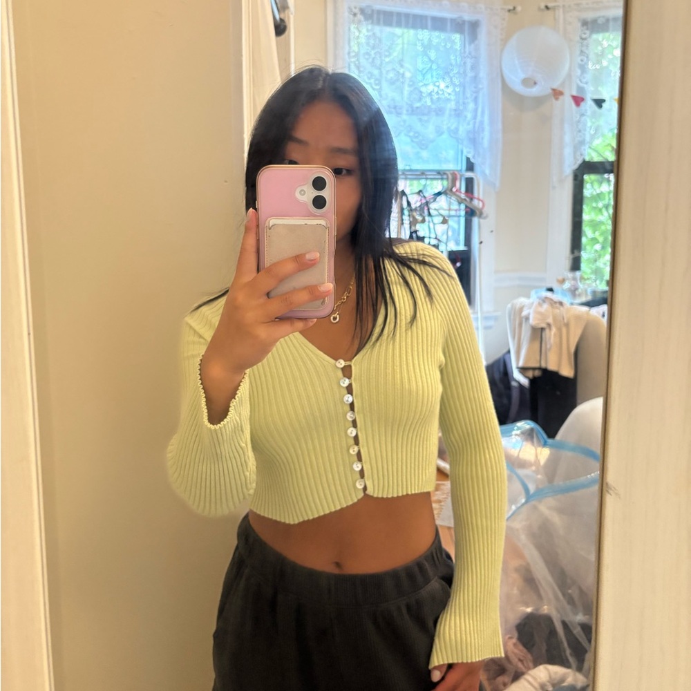 Sincerely Jules Light Green Ribbed Button-Up Crop Top